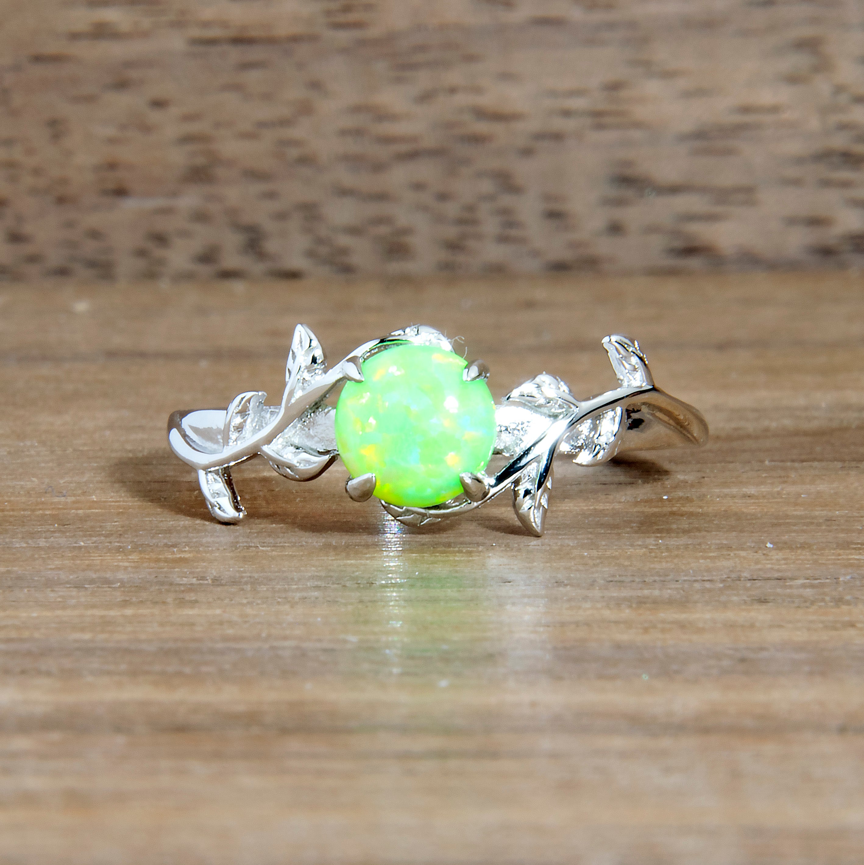 Silver Leaf Honeydew Bright Green Opal Ring Copperbeard Jewelry