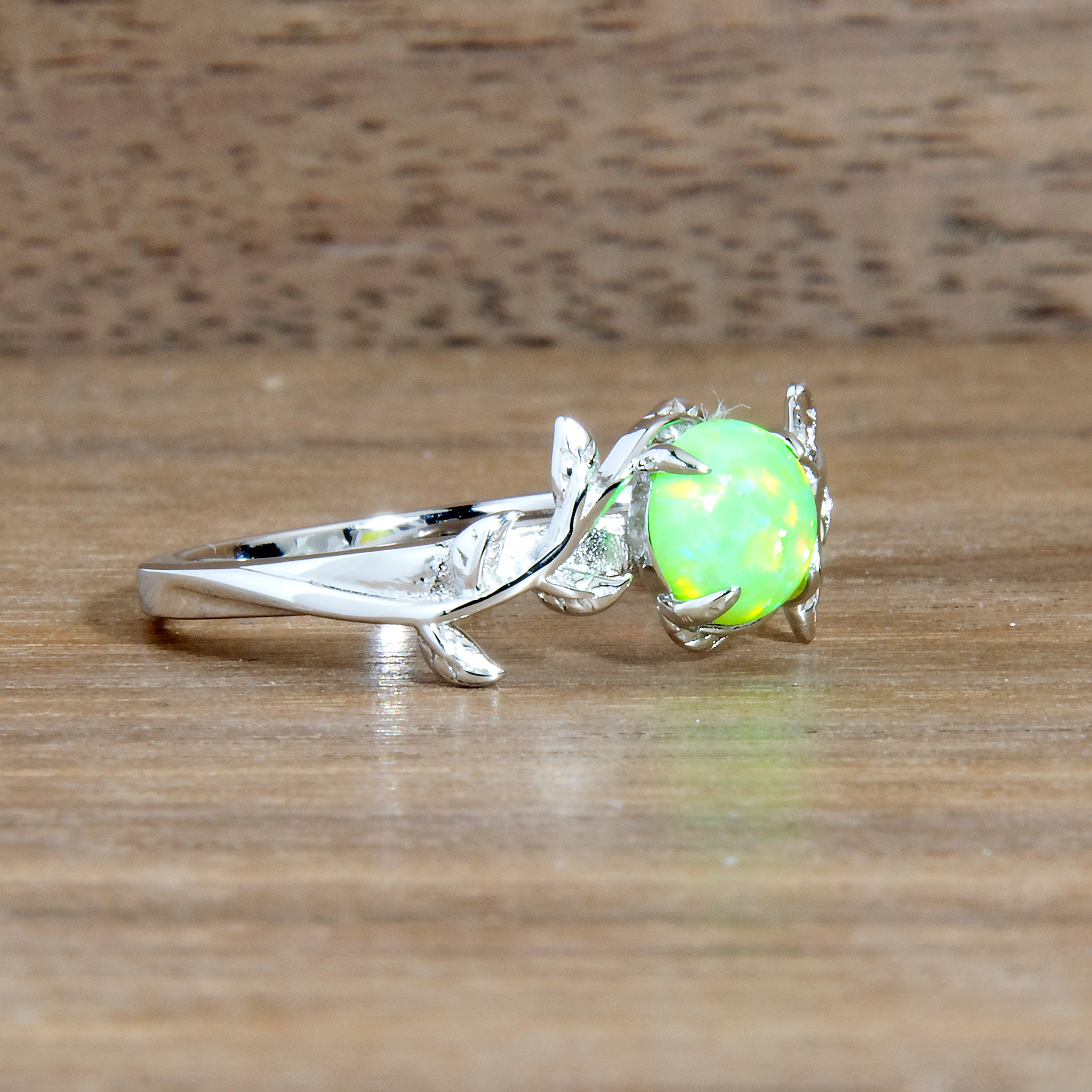 Silver Leaf Honeydew Bright Green Opal Ring – Copperbeard Jewelry