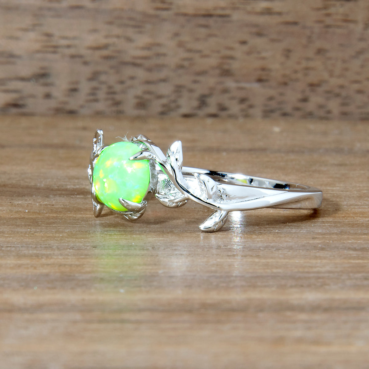 Silver Leaf Honeydew Bright Green Opal Ring Copperbeard Jewelry