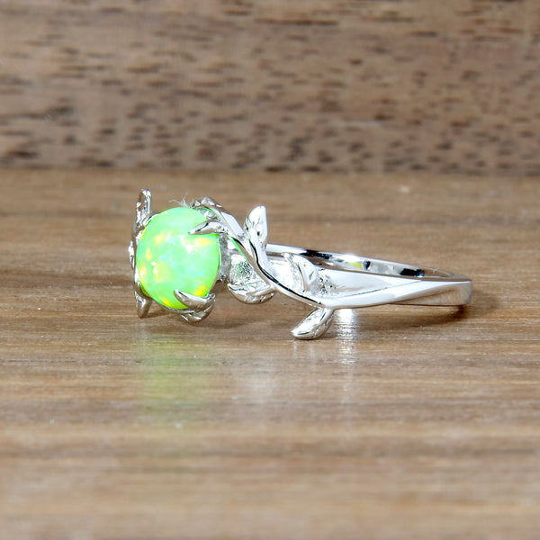 Silver Leaf Honeydew Bright Green Opal Ring Copperbeard Jewelry