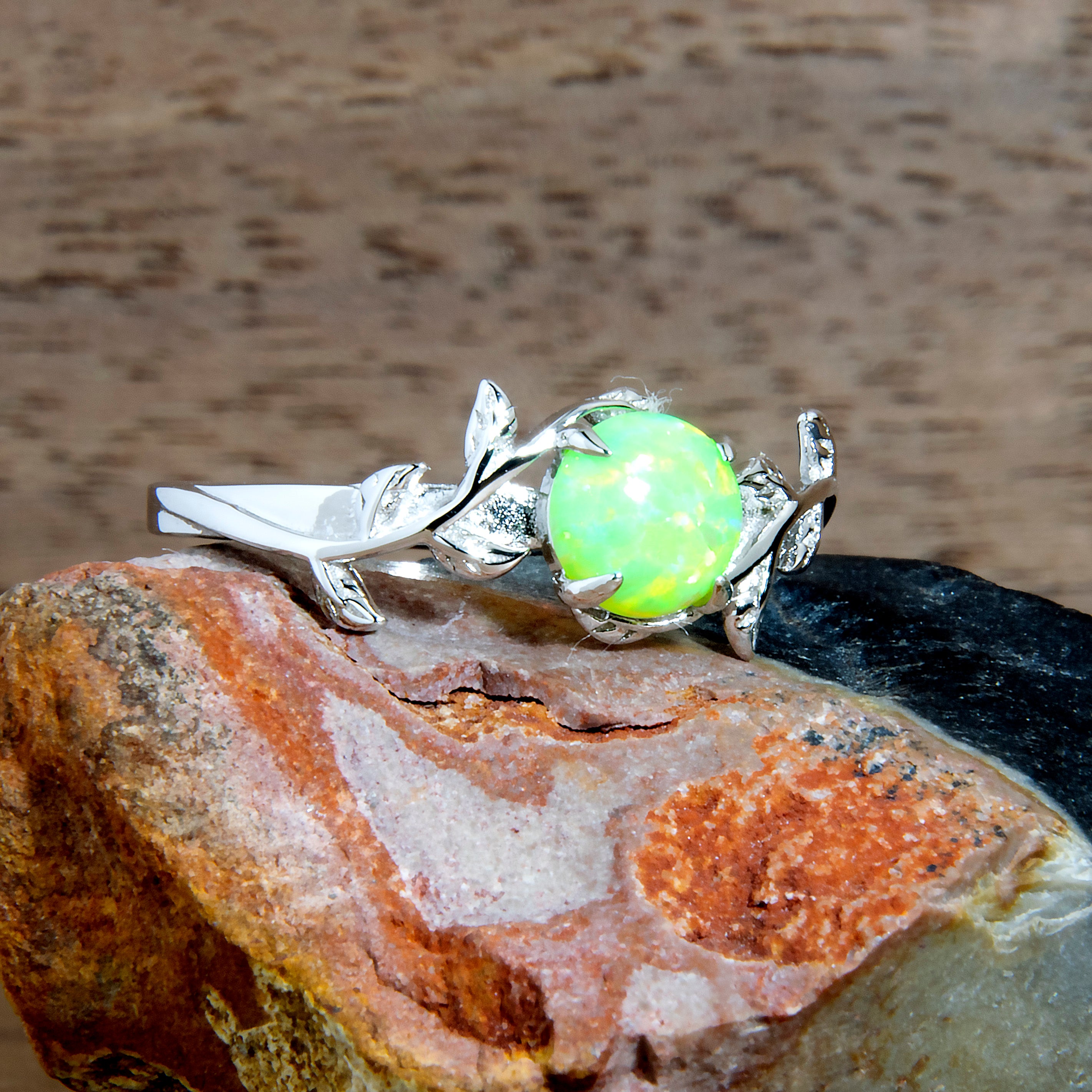 Silver Leaf Honeydew Bright Green Opal Ring – Copperbeard Jewelry