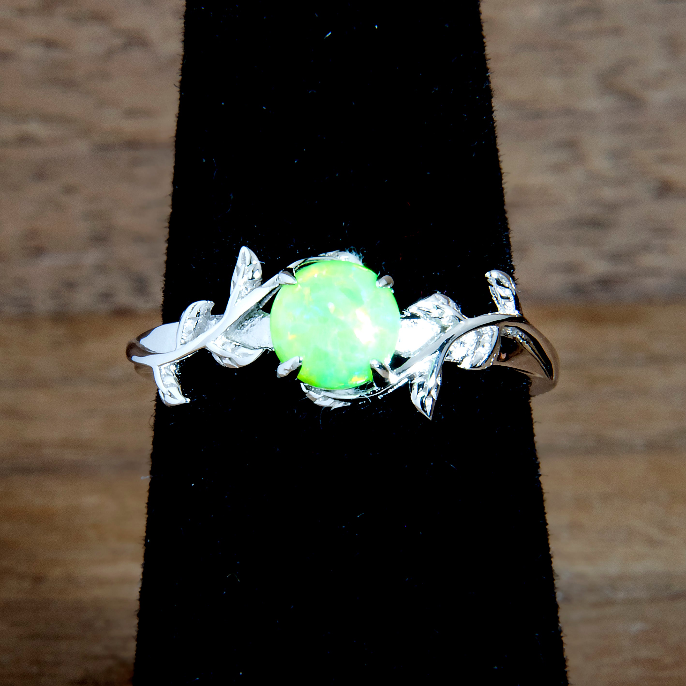 Silver Leaf Honeydew Bright Green Opal Ring Secondary image
