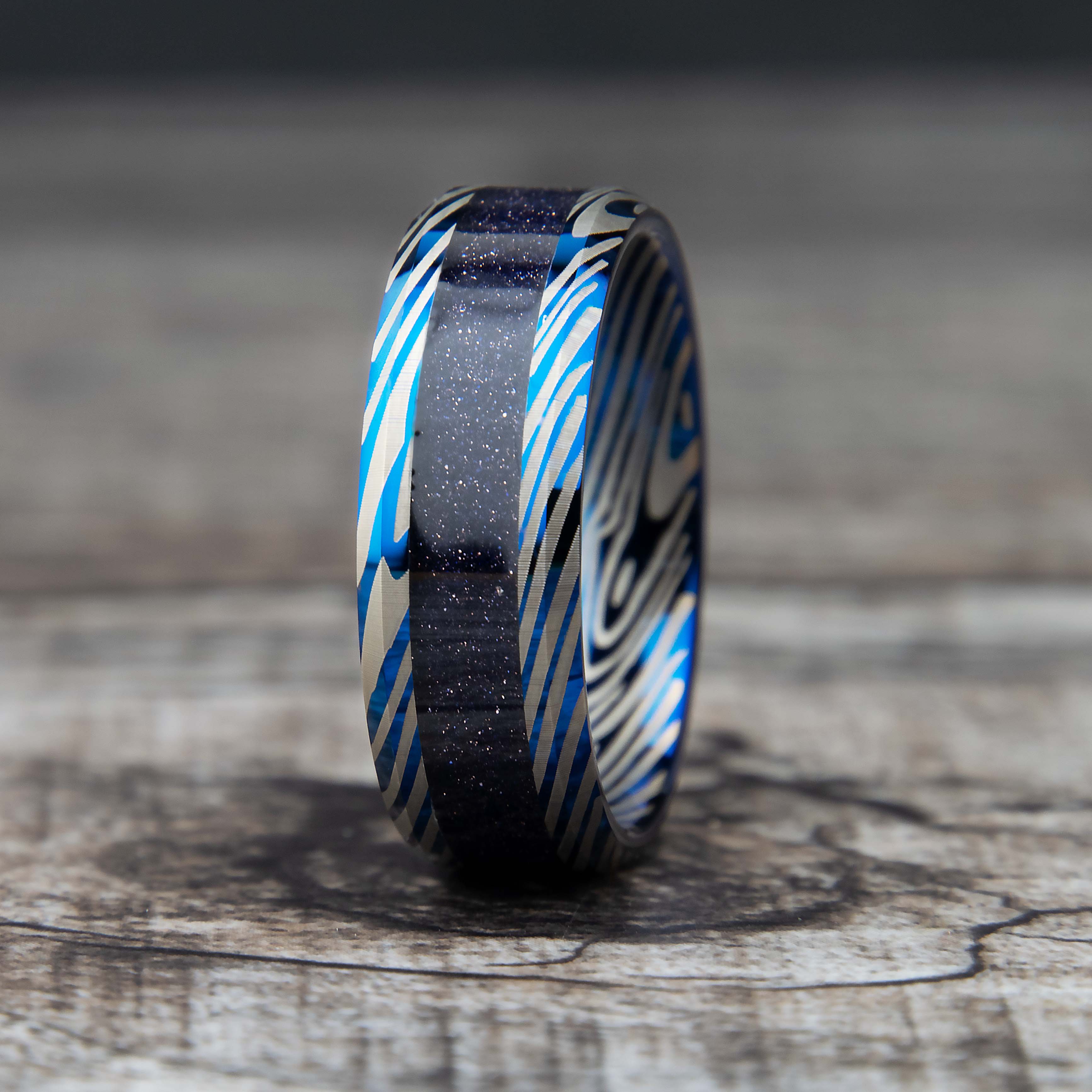 Deep Starry Night Tungsten Damascus Ring With Blue Goldstone Inlay Secondary image