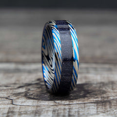 Deep Starry Night Tungsten Damascus Ring With Blue Goldstone Inlay Copperbeard Jewelry