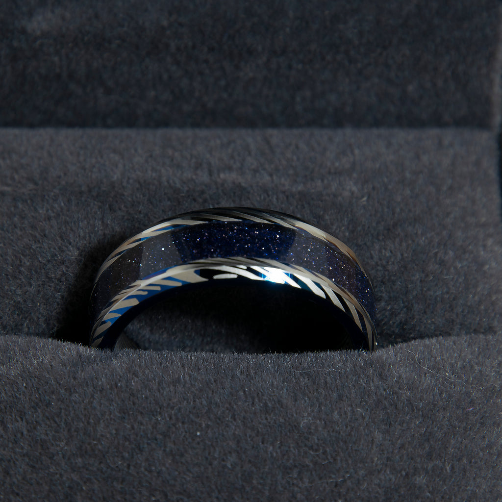 Deep Starry Night Tungsten Damascus Ring With Blue Goldstone Inlay Copperbeard Jewelry