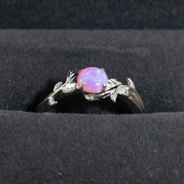 Silver Leaf Heliotrope Pink Opal Ring Copperbeard Jewelry