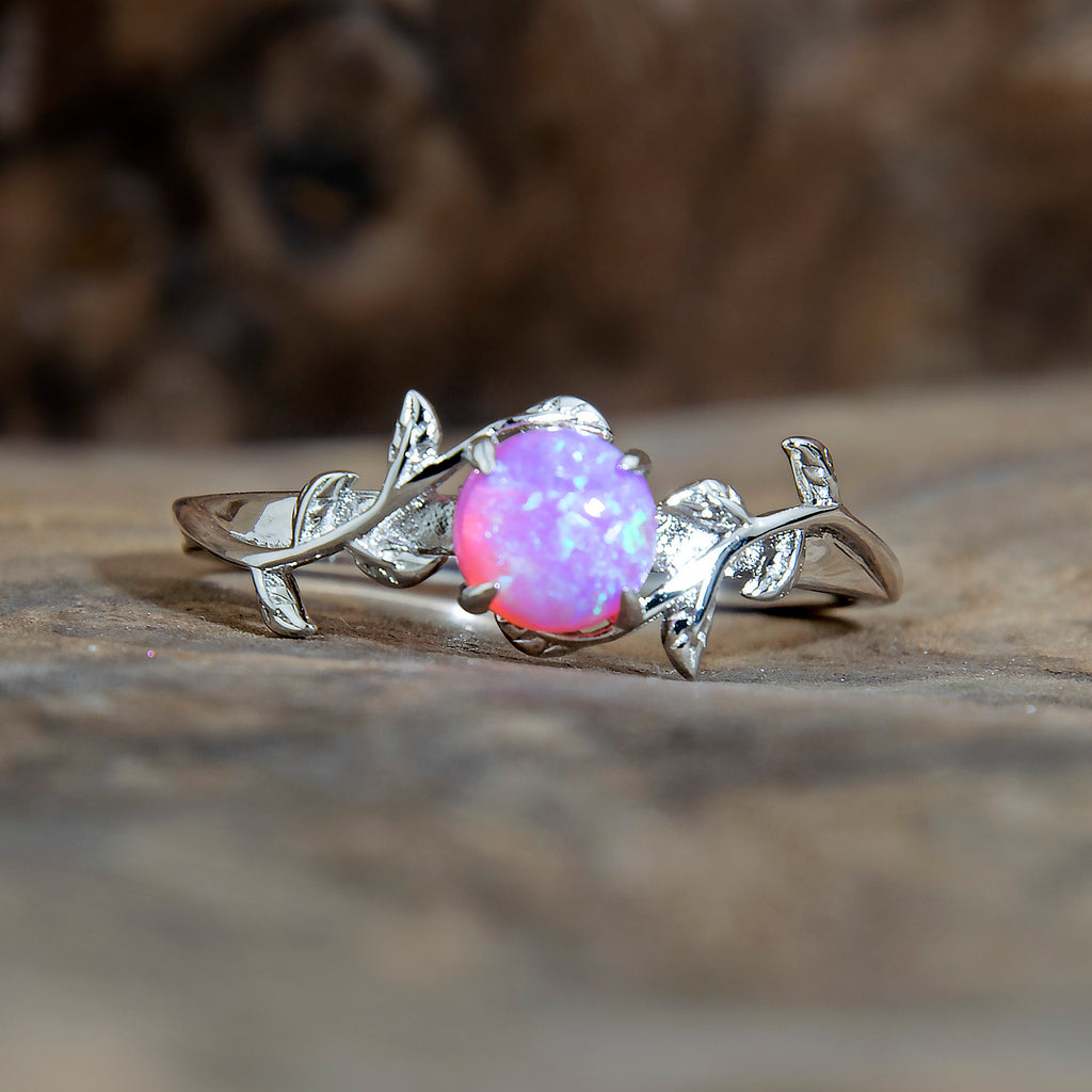 Silver Leaf Heliotrope Pink Opal Ring Copperbeard Jewelry