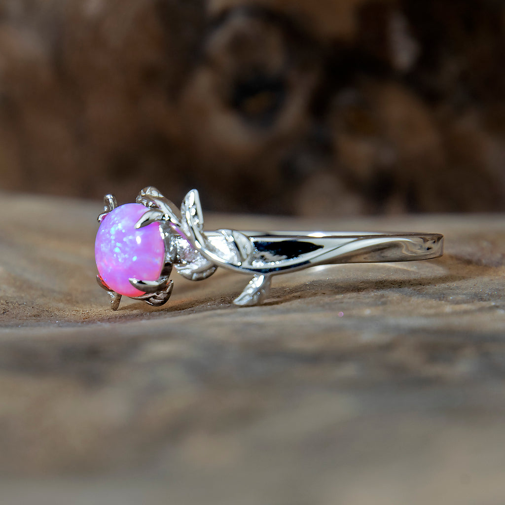 Silver Leaf Heliotrope Pink Opal Ring Copperbeard Jewelry