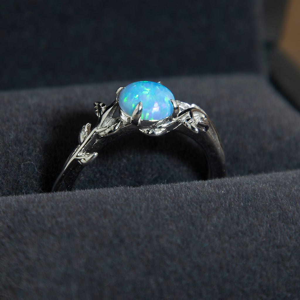Silver Leaf Branch Azure Light Blue Opal Ring Copperbeard Jewelry