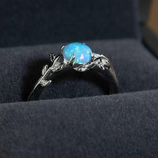Silver Leaf Branch Azure Light Blue Opal Ring Copperbeard Jewelry