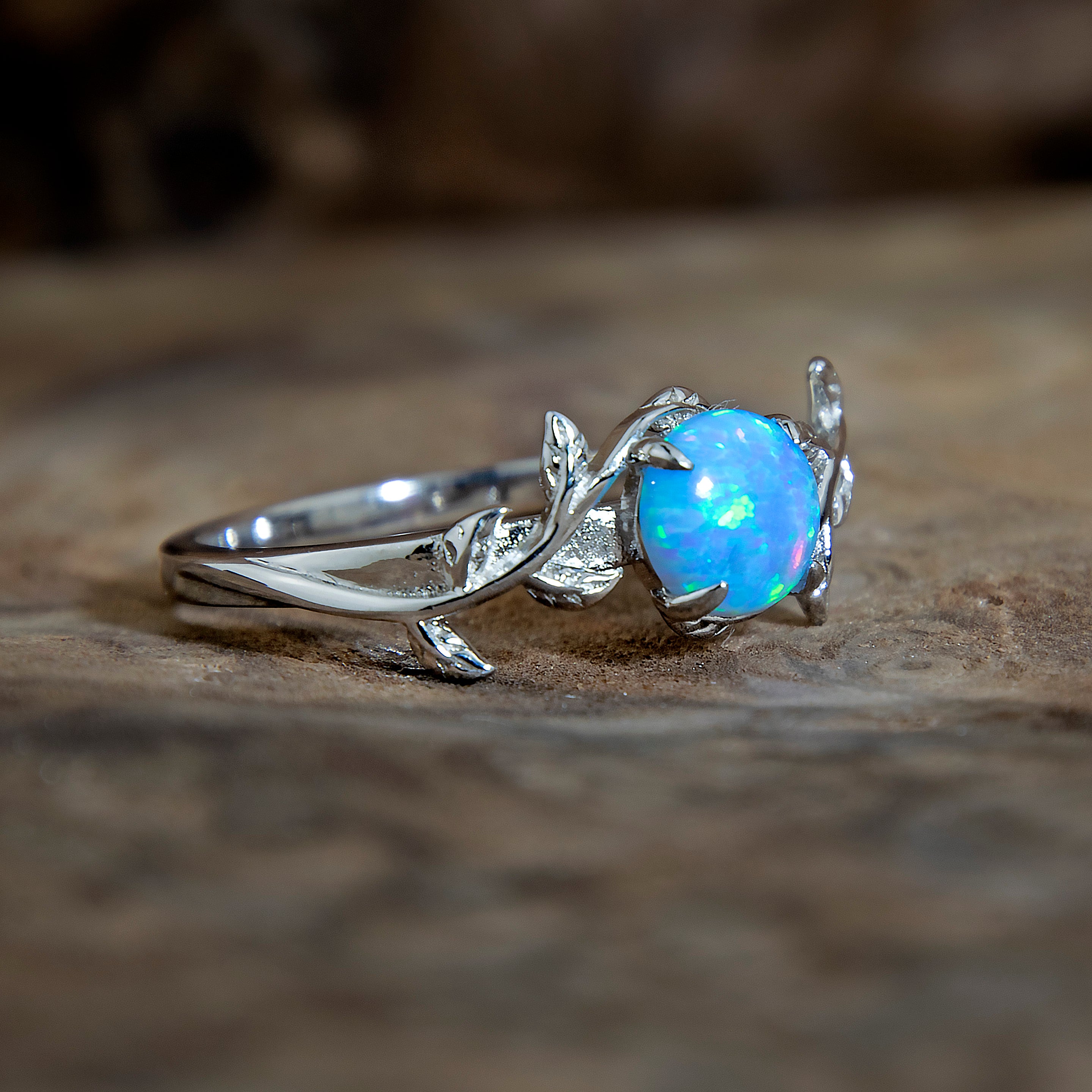 Silver Leaf Branch Azure Light Blue Opal Ring Secondary image