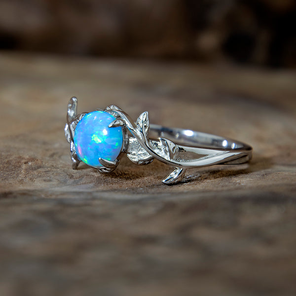 Silver Leaf Branch Azure Light Blue Opal Ring Copperbeard Jewelry