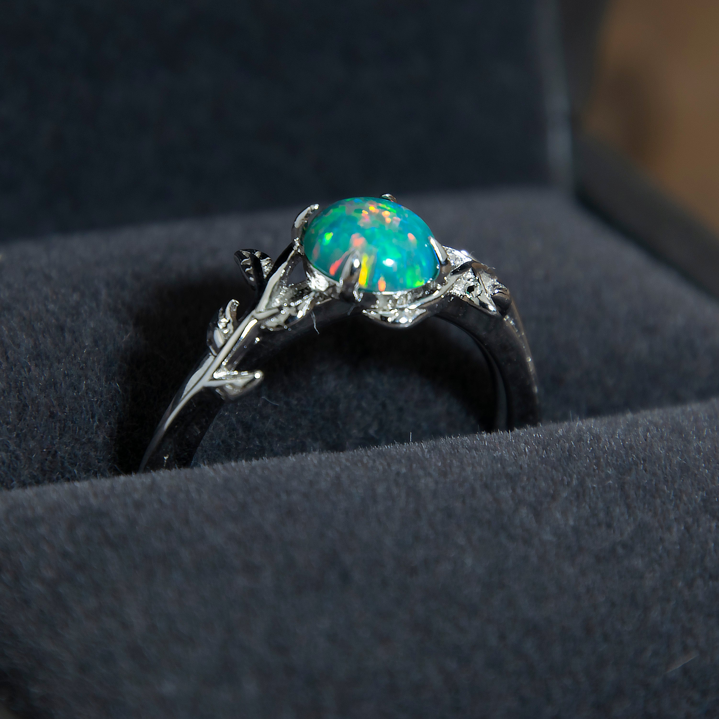 KZX Sterling Silver Leaf Ring With Opal - S925 Adjustable Open Ring For Women, Nature Inspired Jewelry Gift