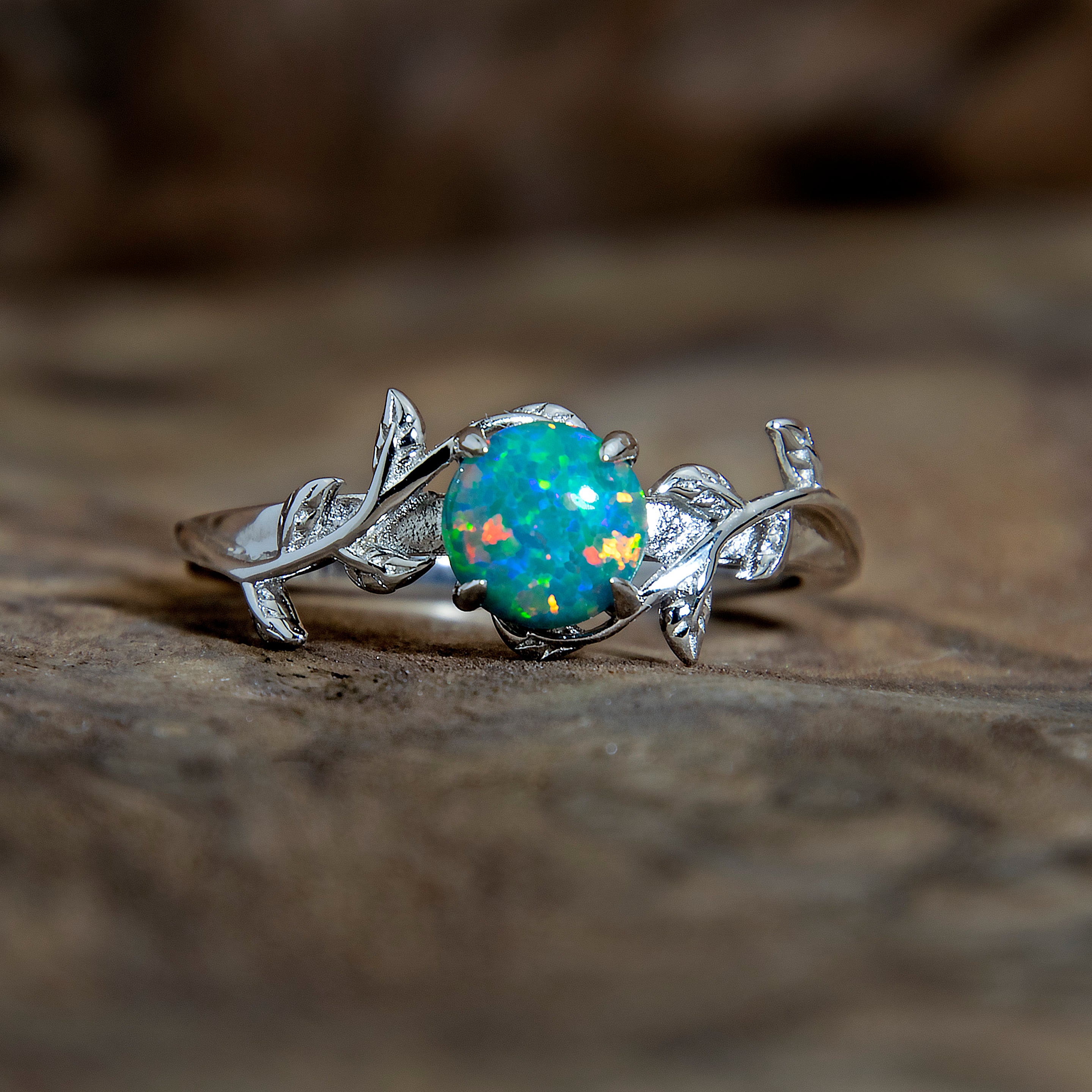 Silver Leaf Branch Fire Turquoise Opal Ring Copperbeard Jewelry