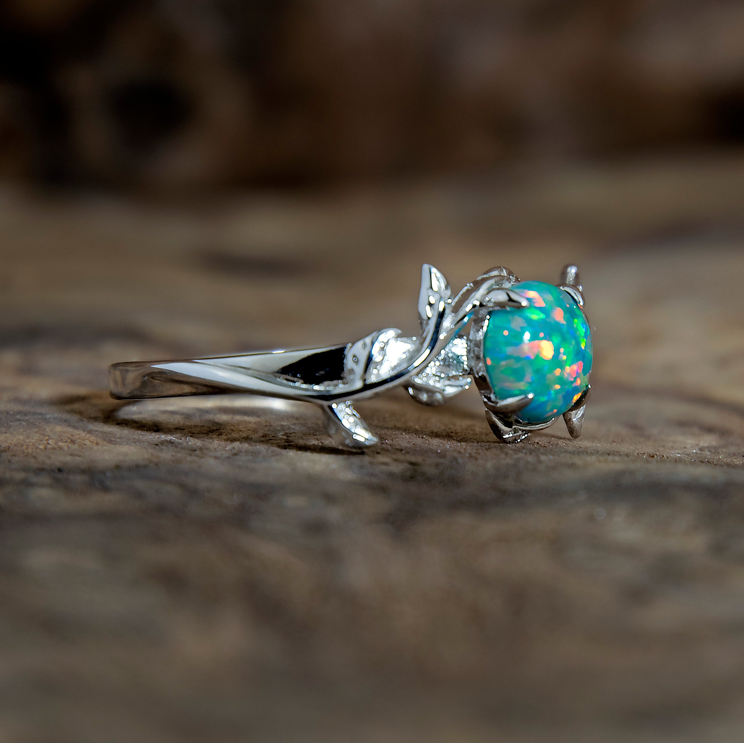 Silver Leaf Branch Fire Turquoise Opal Ring – Copperbeard Jewelry
