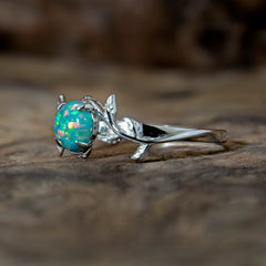 Silver Leaf Branch Fire Turquoise Opal Ring Copperbeard Jewelry
