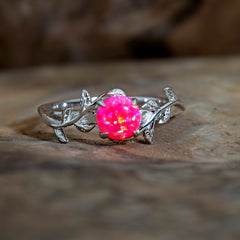 Silver Leaf Branch Hot Pink Opal Ring Copperbeard Jewelry