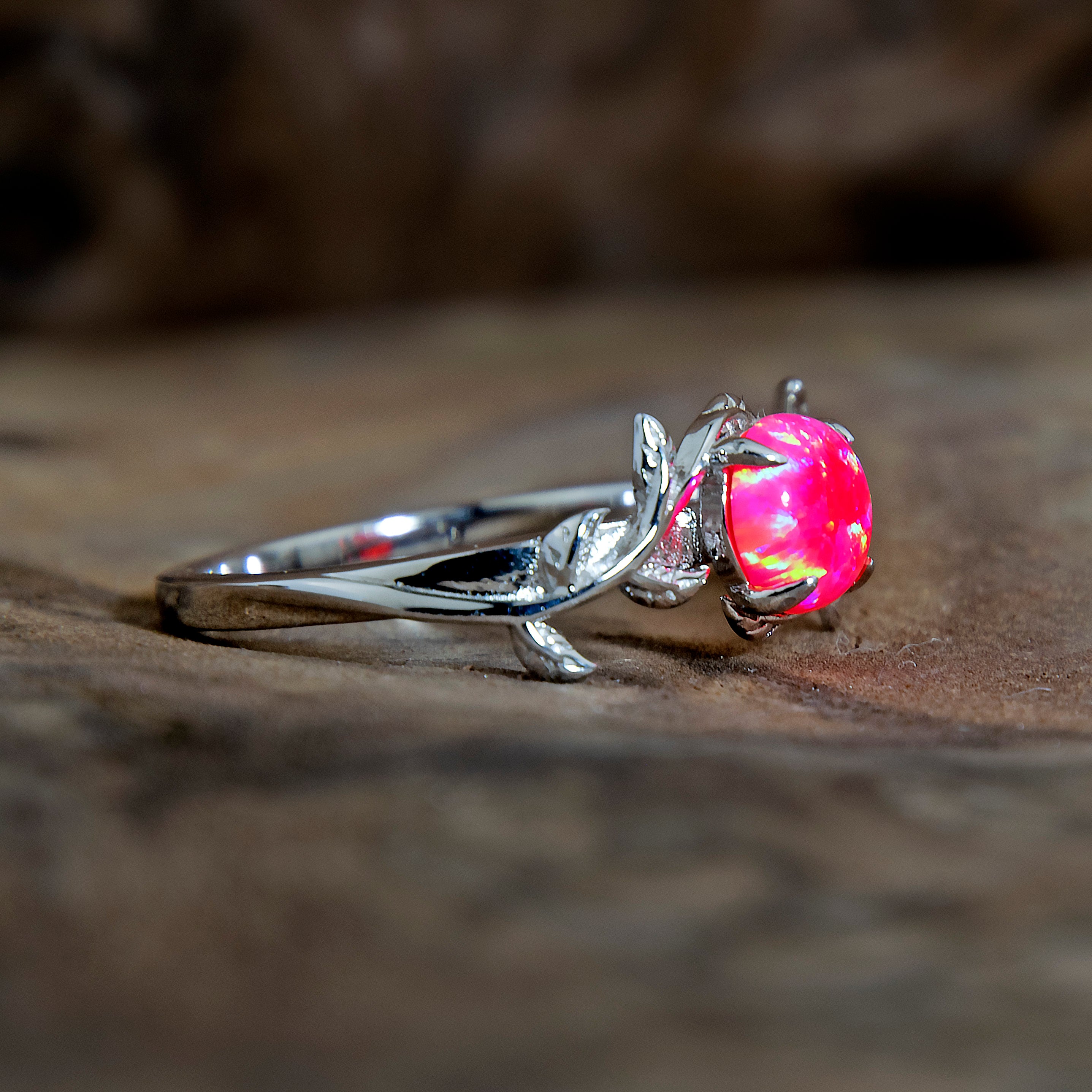 Silver Leaf Branch Hot Pink Opal Ring Secondary image