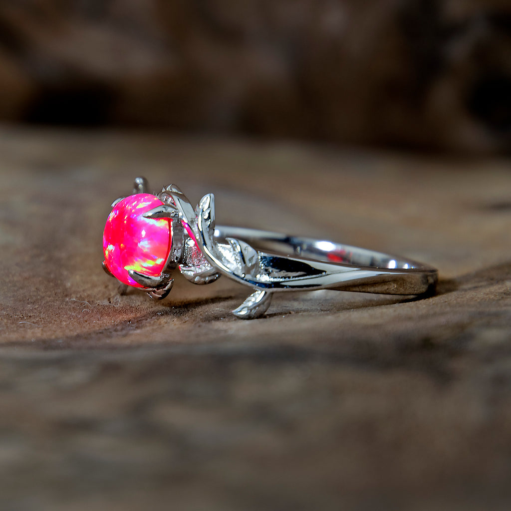 Silver Leaf Branch Hot Pink Opal Ring Copperbeard Jewelry