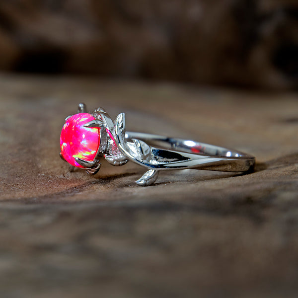 Silver Leaf Branch Hot Pink Opal Ring Copperbeard Jewelry