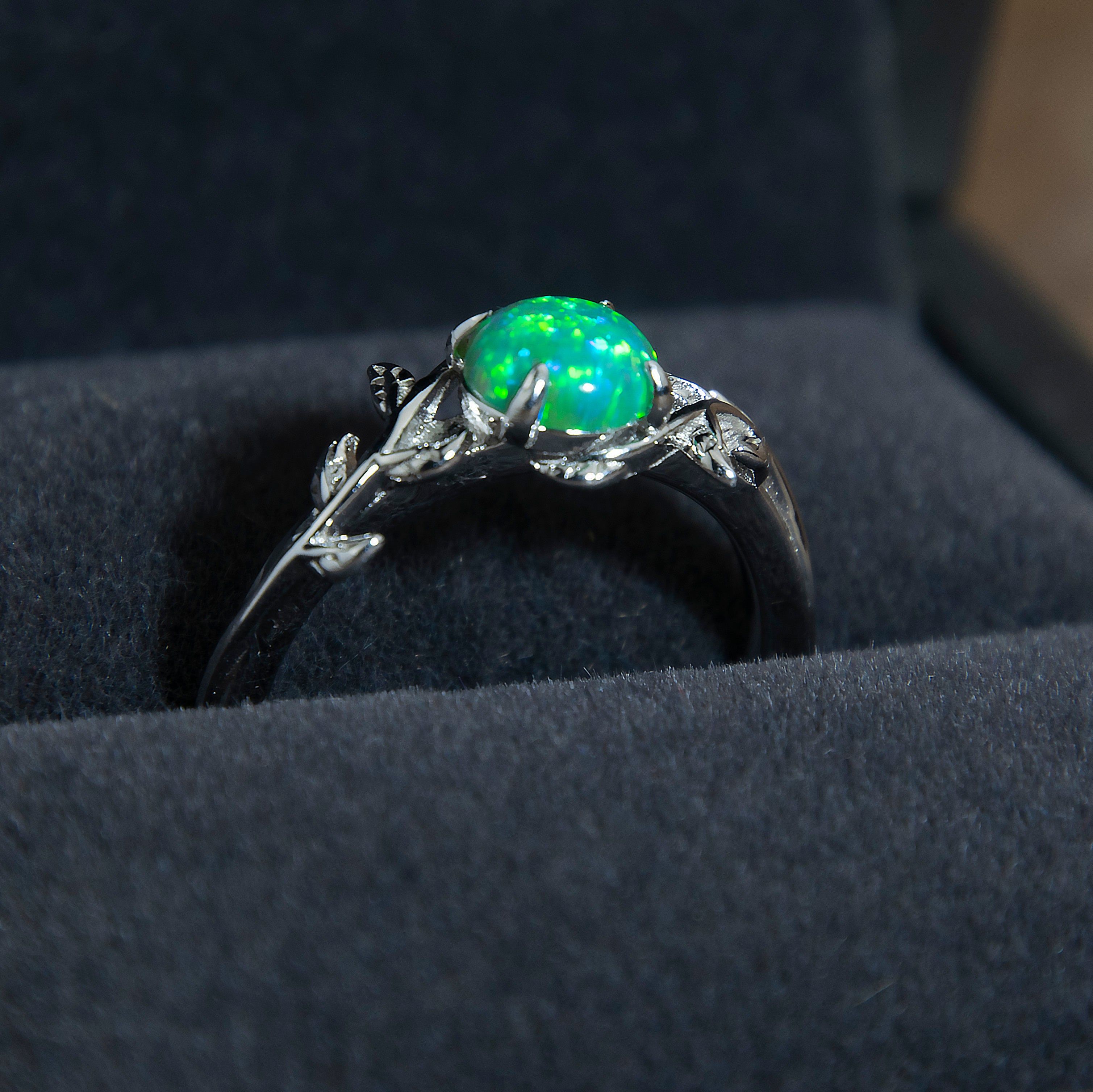 Silver Leaf Branch Kiwi Green Opal Ring Secondary image