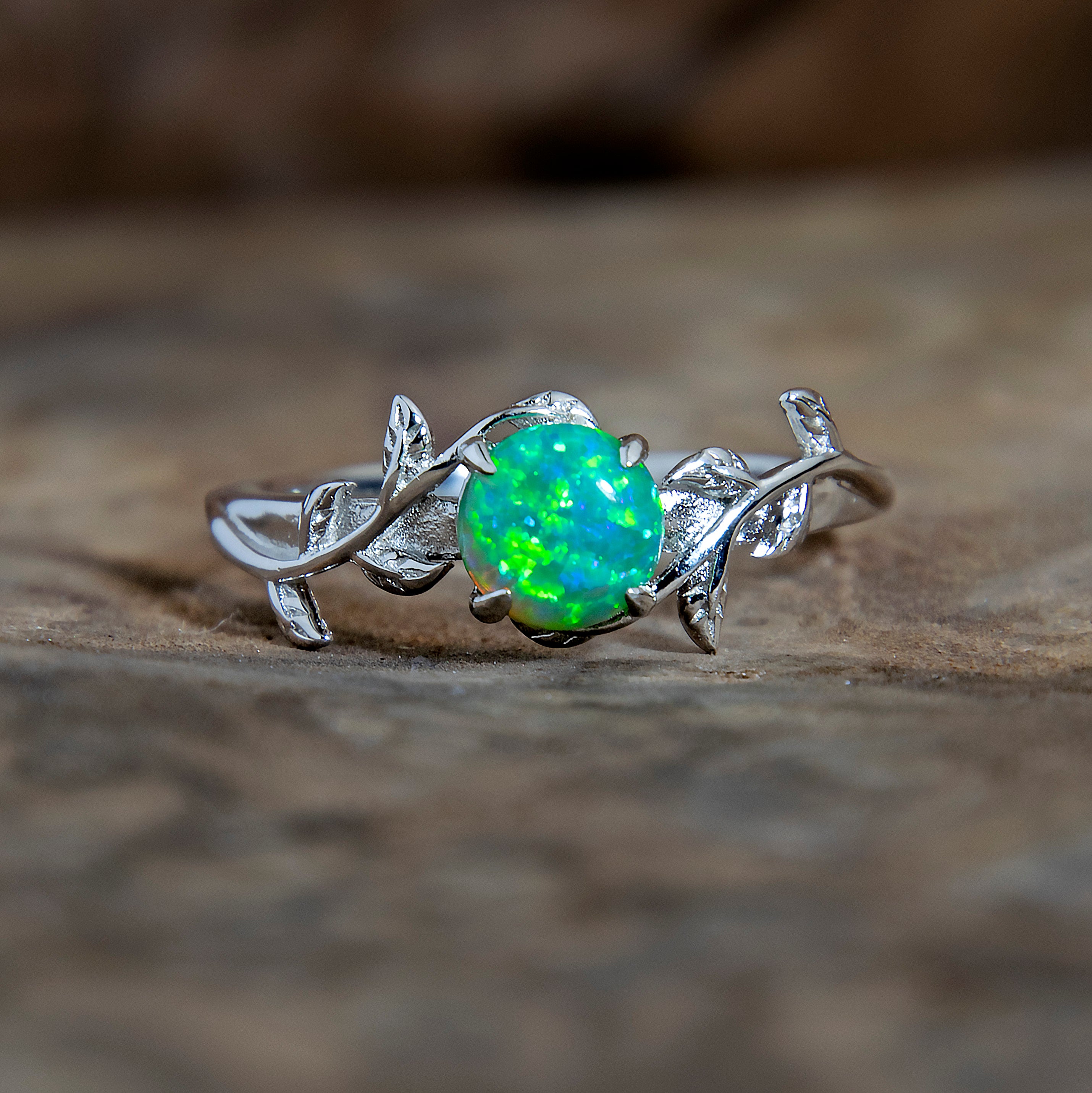 Silver Leaf Branch Kiwi Green Opal Ring Copperbeard Jewelry