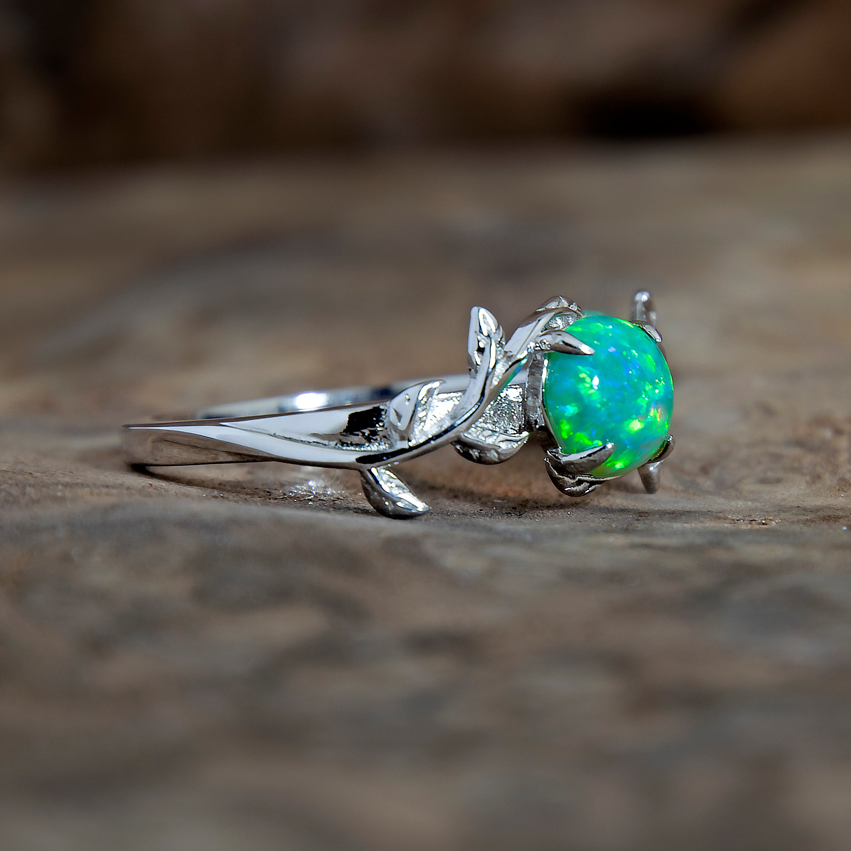 Silver Leaf Branch Kiwi Green Opal Ring – Copperbeard Jewelry