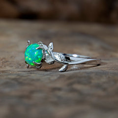 Silver Leaf Branch Kiwi Green Opal Ring Copperbeard Jewelry