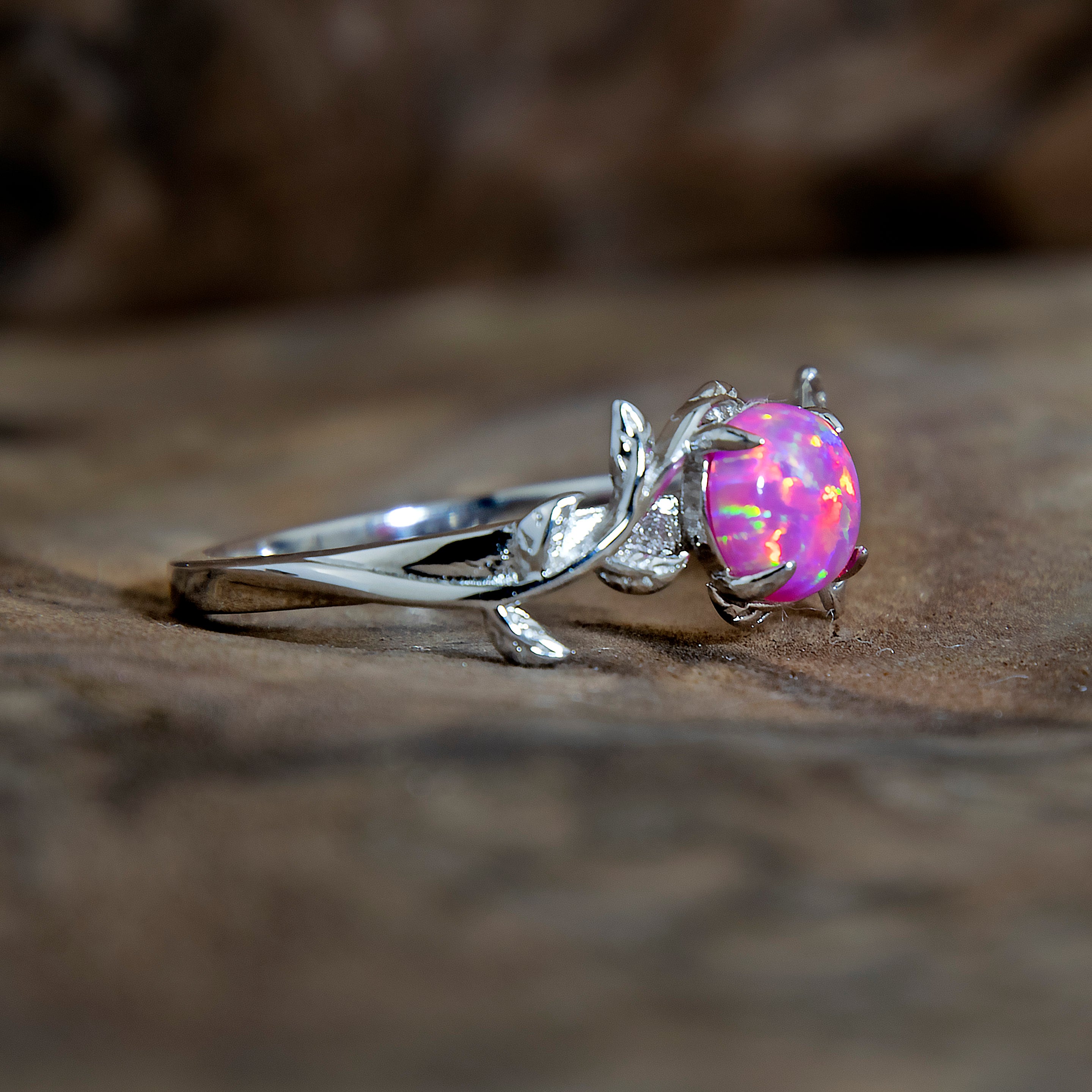 Silver Leaf Branch Rose Pink Opal Ring Secondary image