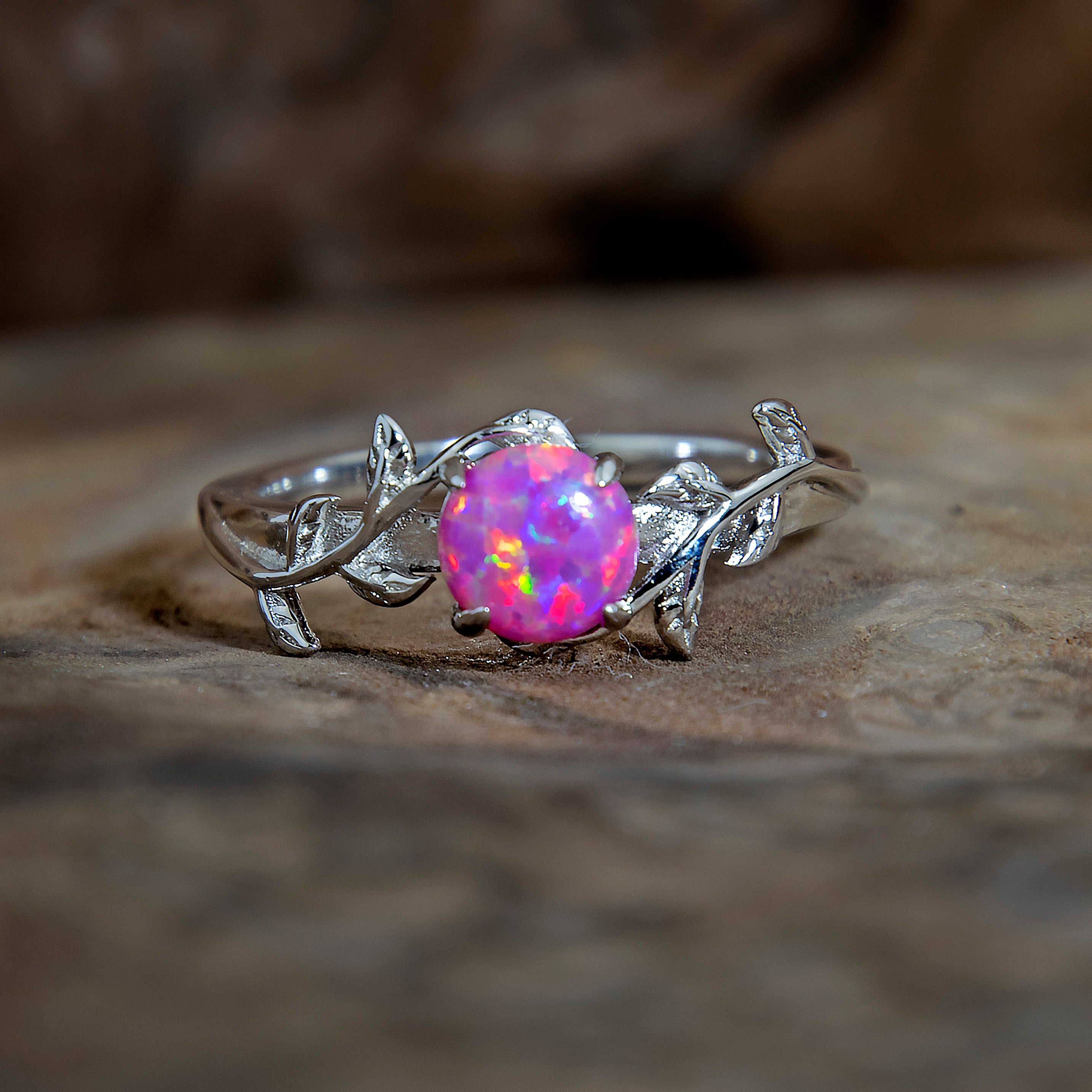 Silver Leaf Branch Rose Pink Opal Ring Copperbeard Jewelry