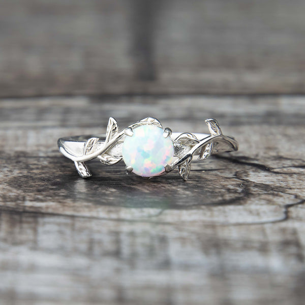 Silver Leaf Branch White Opal Ring Copperbeard Jewelry