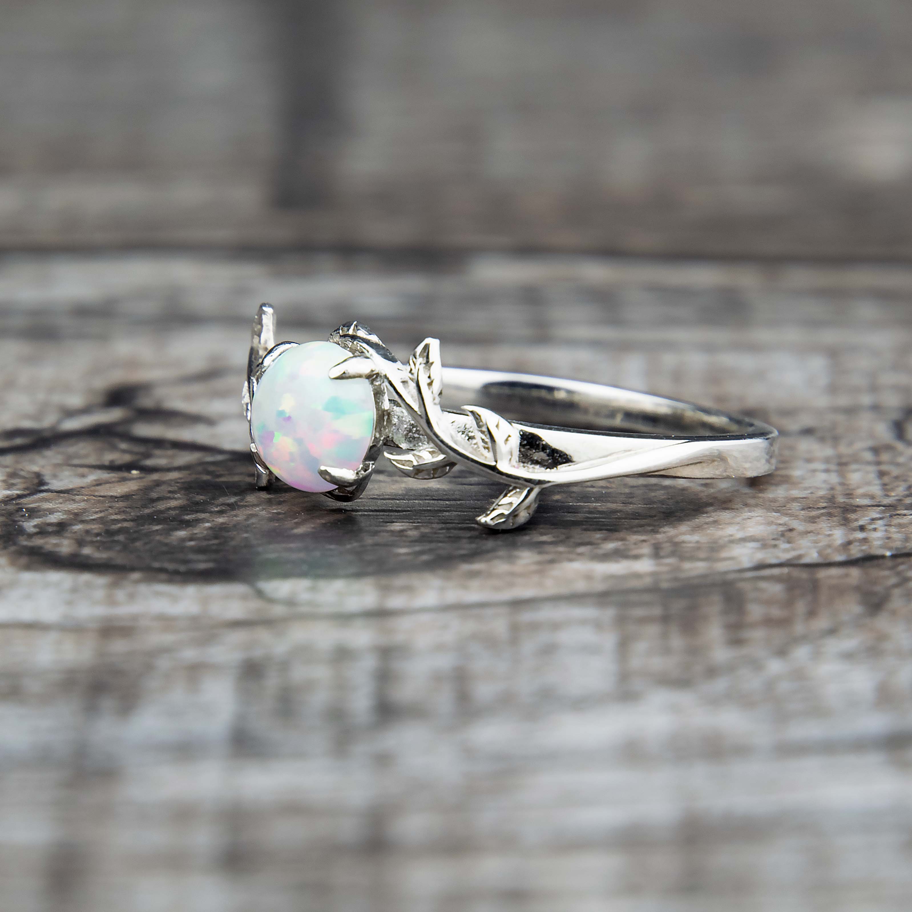Sterling Silver Leaf Ring With White Opal - Adjustable Open Ring For Women (Sizes 7-9)
