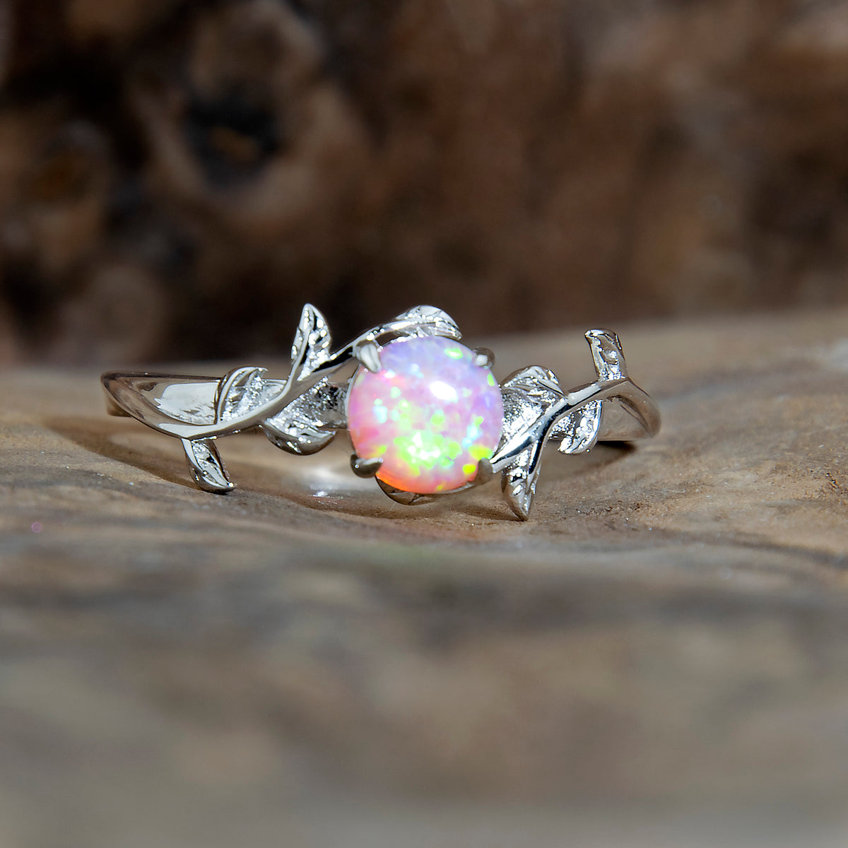 Silver Leaf Angel Skin Pink Opal Ring Copperbeard Jewelry Main image
