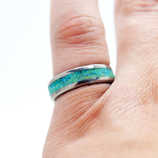 Honeydew Green Opal Ring With Titanium Band Copperbeard Jewelry