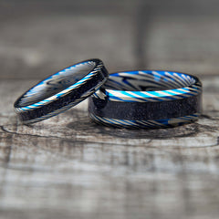His and Hers Starry Night Tungsten Damascus and Blue Goldstone Bands Copperbeard Jewelry