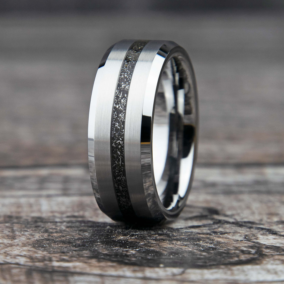 Muonionalusta Meteorite Ring With Tungsten Thin Line Band Copperbeard Jewelry