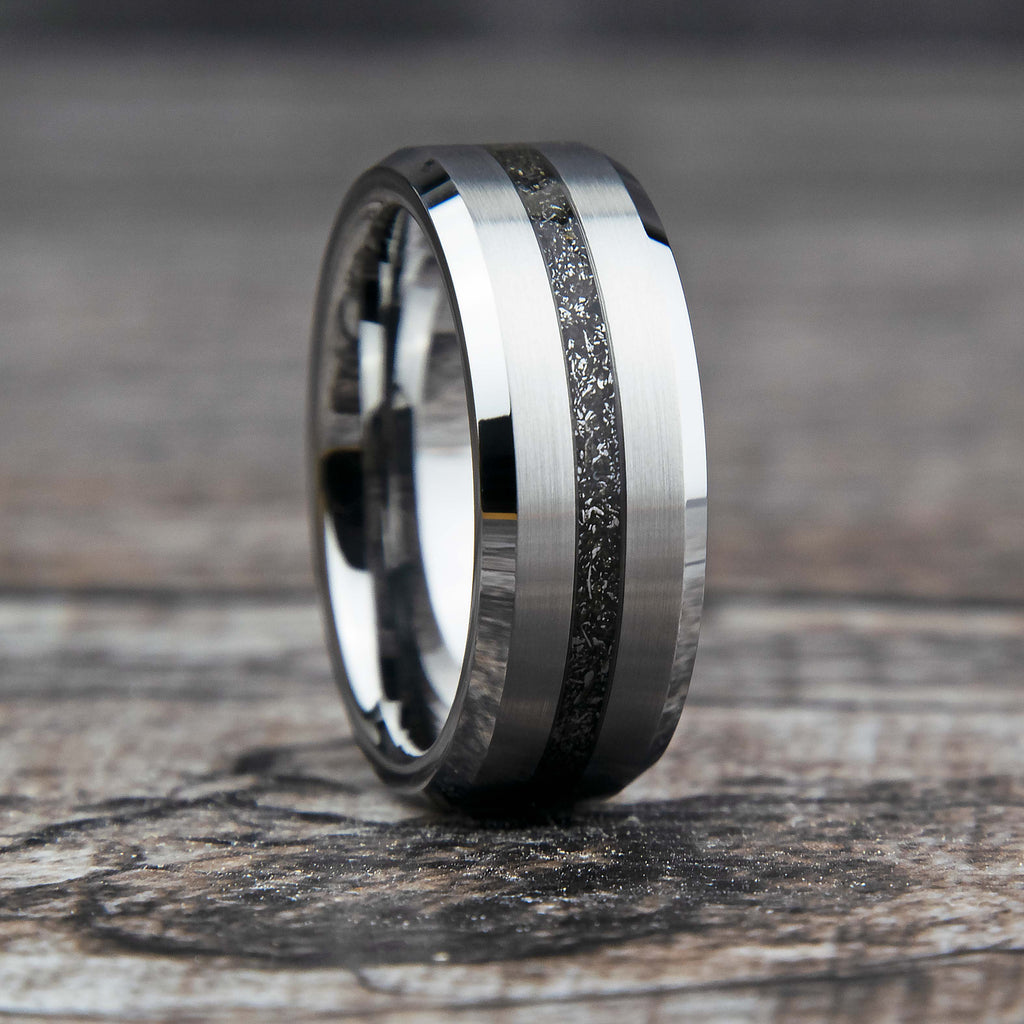 Muonionalusta Meteorite Ring With Tungsten Thin Line Band Copperbeard Jewelry