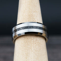 Muonionalusta Meteorite Ring With Tungsten Thin Line Band Copperbeard Jewelry