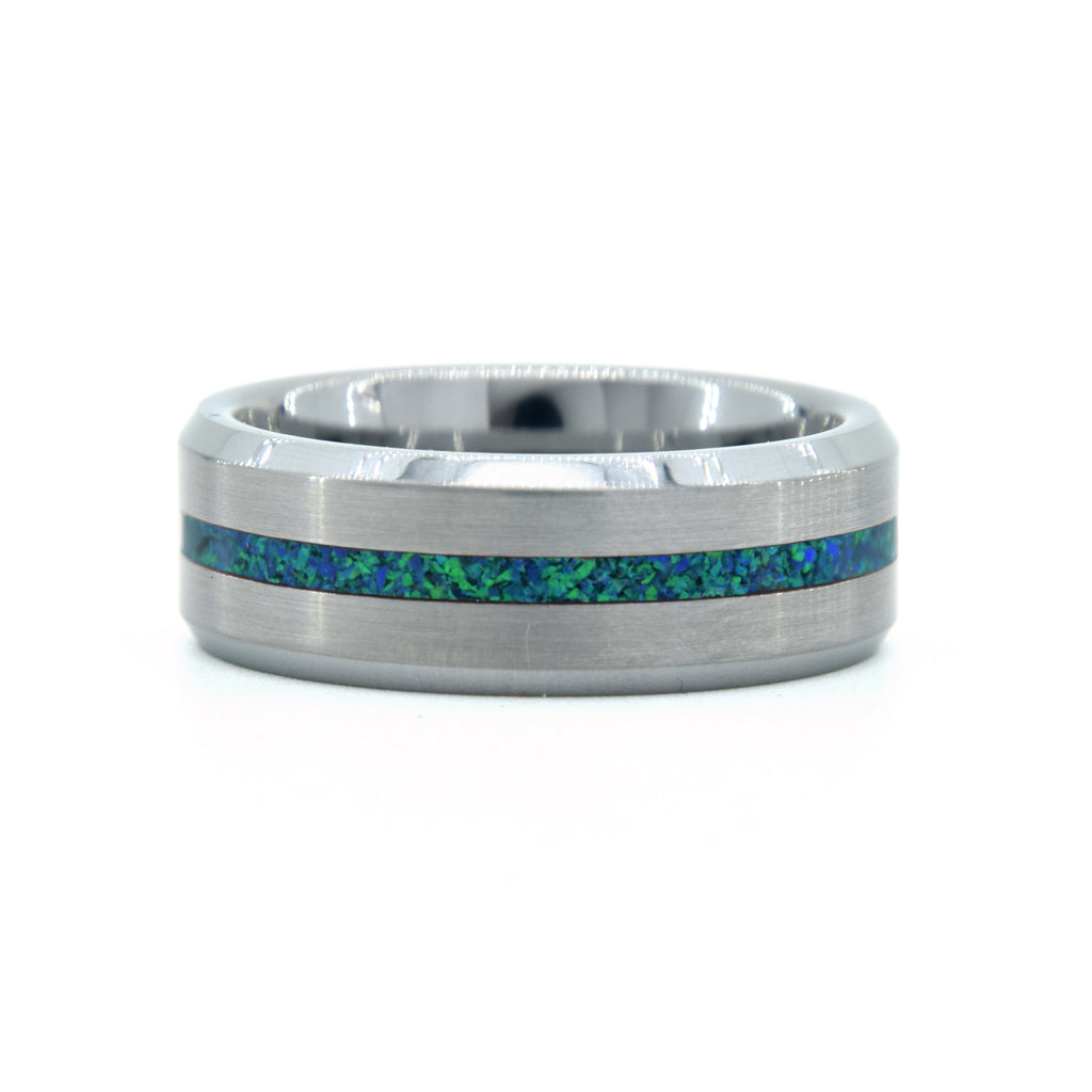 Emerald Green Opal Ring With Tungsten Thin Line Band Copperbeard Jewelry