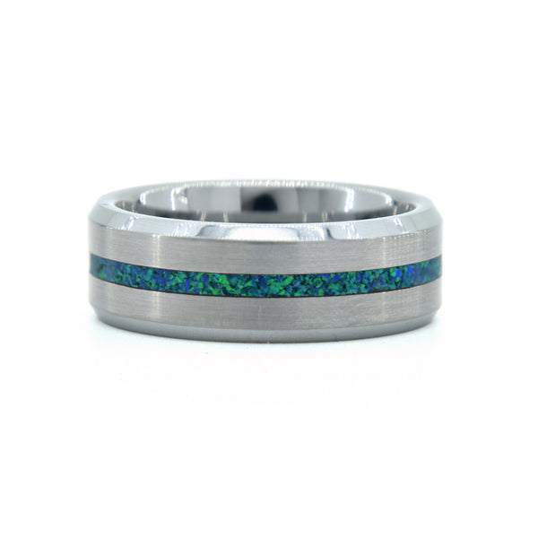 Emerald Green Opal Ring With Tungsten Thin Line Band Copperbeard Jewelry