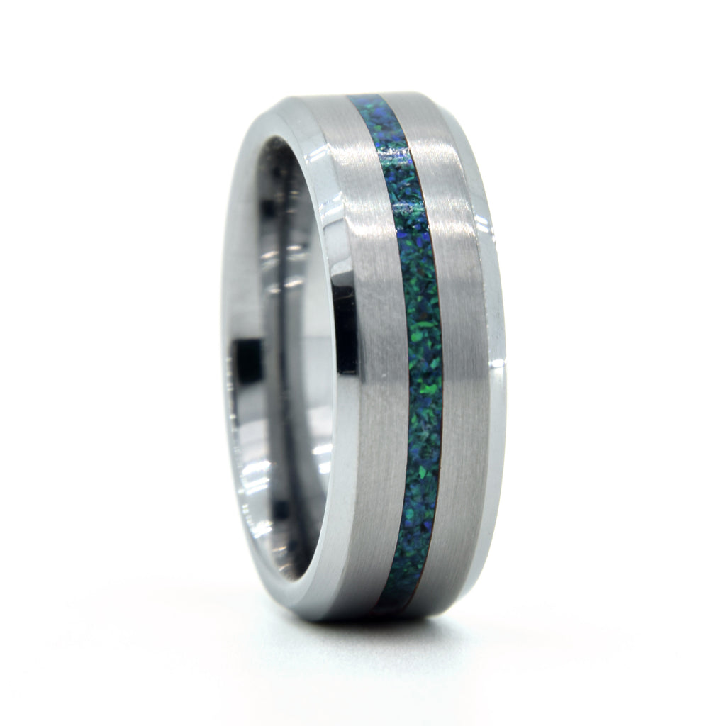 Emerald Green Opal Ring With Tungsten Thin Line Band Copperbeard Jewelry