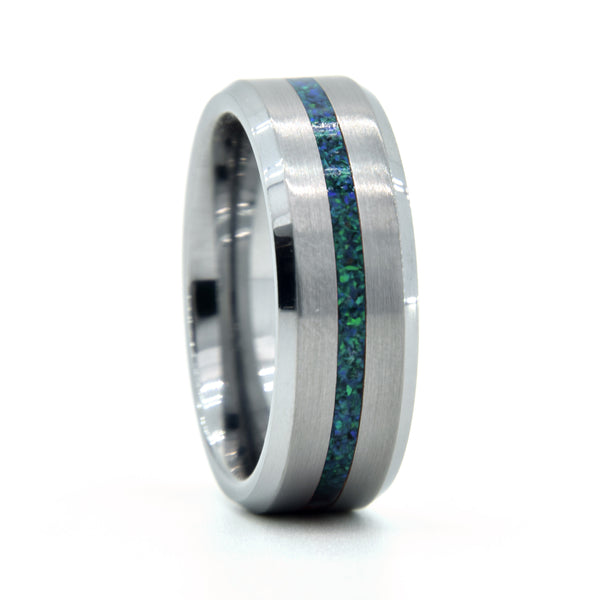 Emerald Green Opal Ring With Tungsten Thin Line Band Copperbeard Jewelry