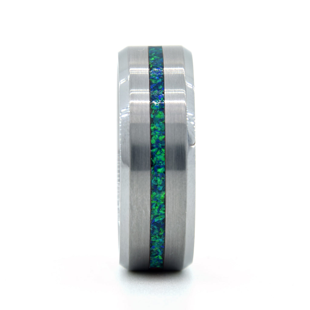 Emerald Green Opal Ring With Tungsten Thin Line Band Copperbeard Jewelry