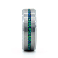 Emerald Green Opal Ring With Tungsten Thin Line Band Copperbeard Jewelry