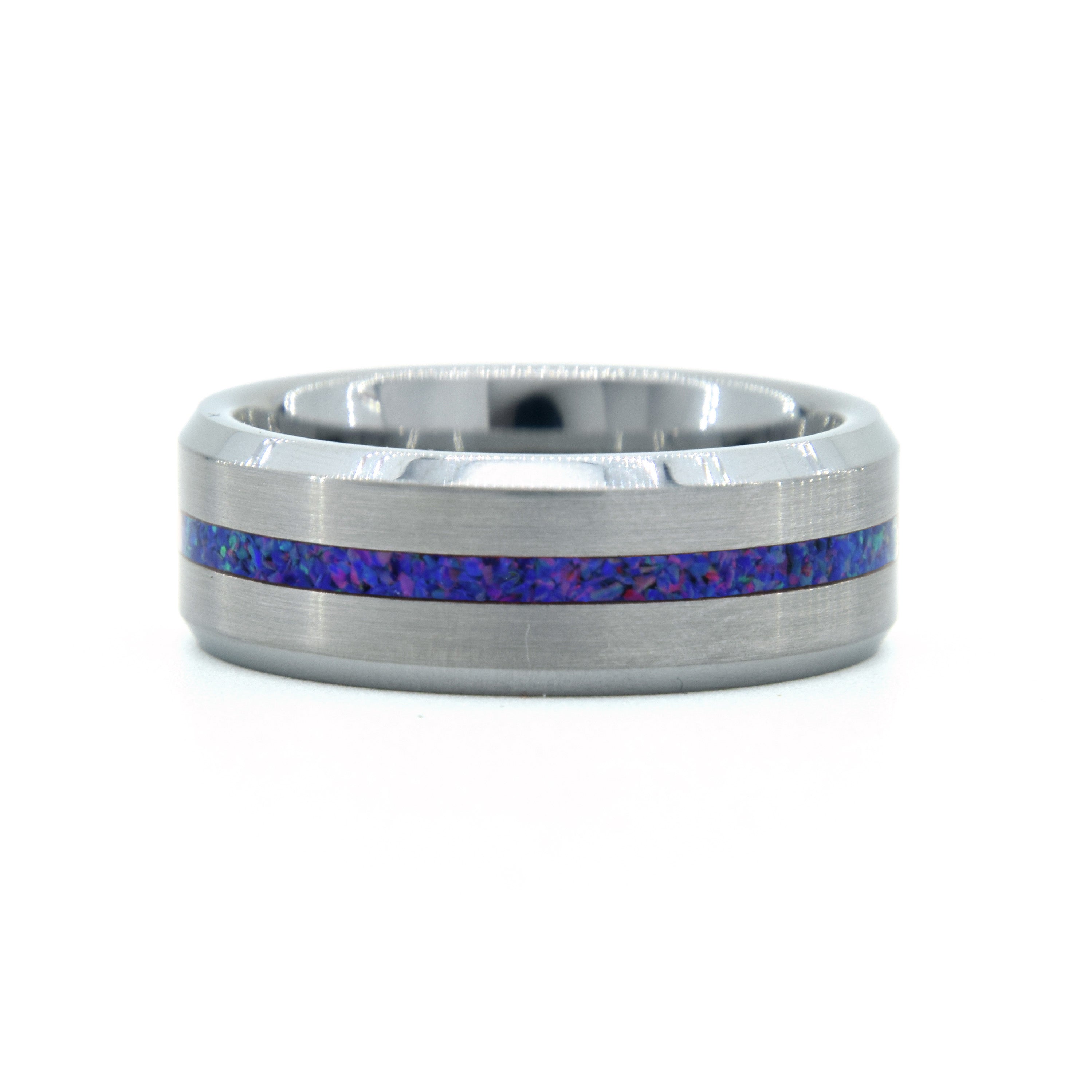Dark Blue Pink Sparkle Opal Ring With Tungsten Thin Line Band Secondary image