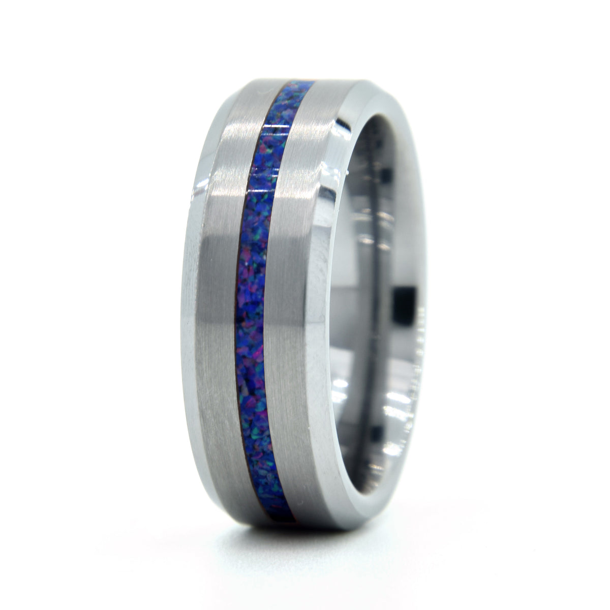 Dark Blue Pink Sparkle Opal Ring With Tungsten Thin Line Band Copperbeard Jewelry Main image