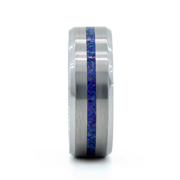 Dark Blue Pink Sparkle Opal Ring With Tungsten Thin Line Band Copperbeard Jewelry