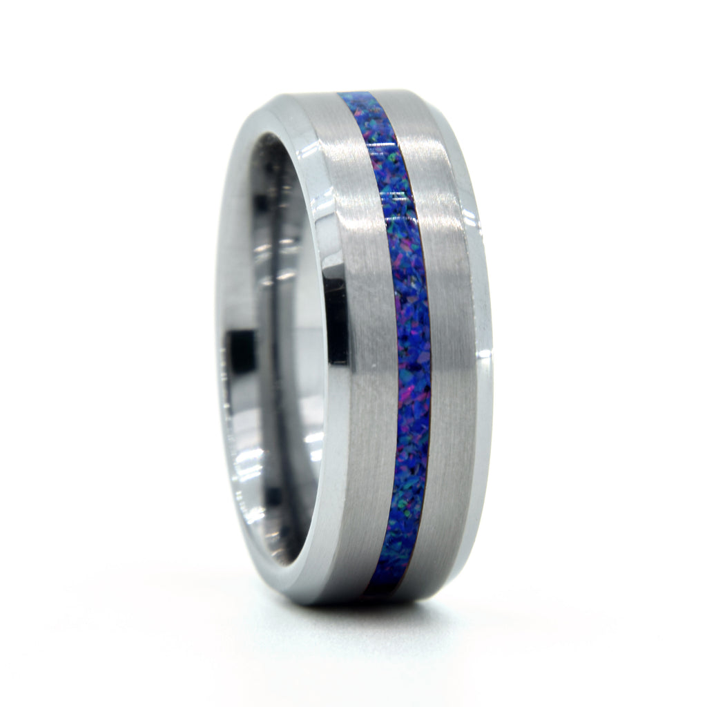 Dark Blue Pink Sparkle Opal Ring With Tungsten Thin Line Band Copperbeard Jewelry