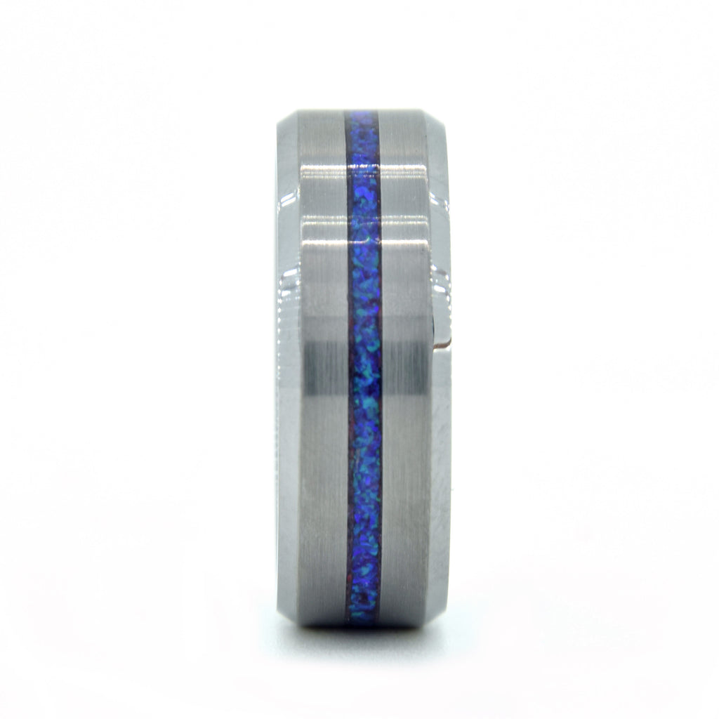 Blue And Purple Opal Ring With Tungsten Thin Line Band Copperbeard Jewelry
