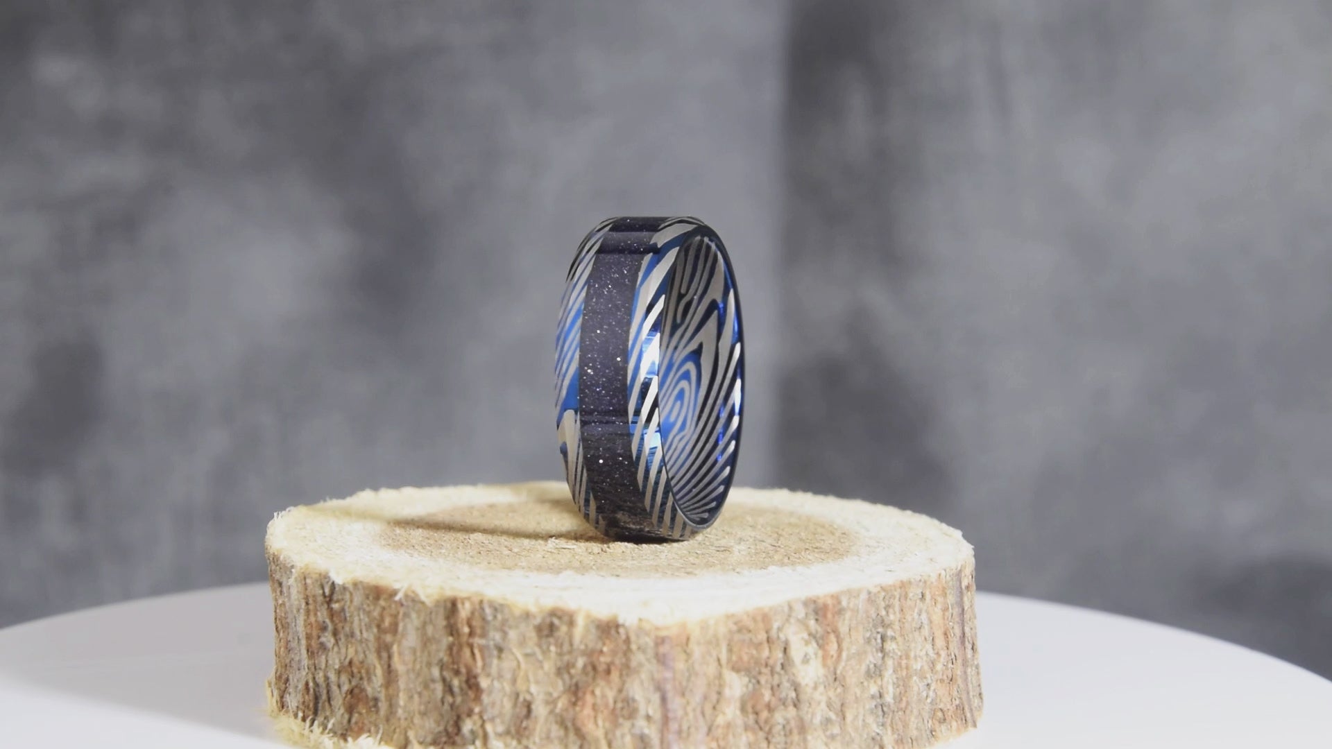 Deep Starry Night Tungsten Damascus Ring With Blue Goldstone Inlay